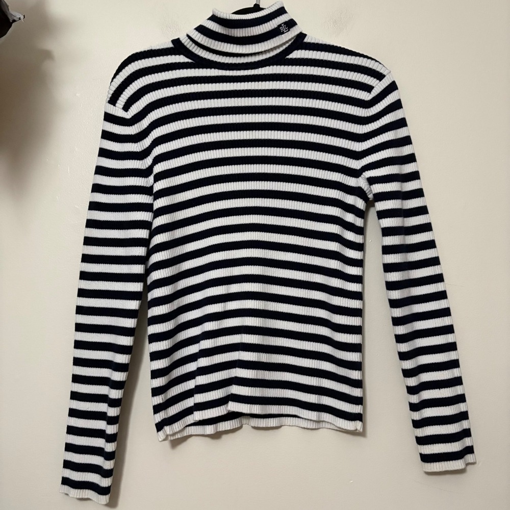 VTG LAUREN Ralph Lauren Navy White Striped Turtleneck Sweater Size L 100% Cotton